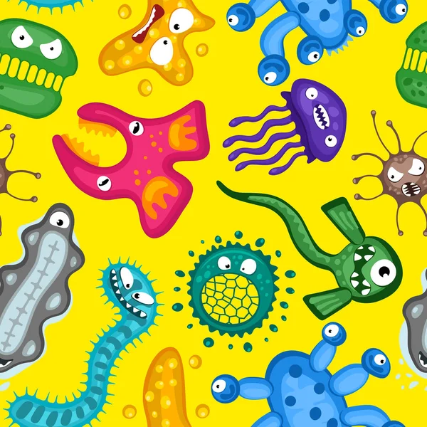 Verschillende micro-organismen virus vector cartoon bacteriën kiem emoticon karakter naadloze patroon. Bacteriële ziekte infectie microbiologie illustratie. Microbe organisme emoties op witte achtergrond — Stockvector