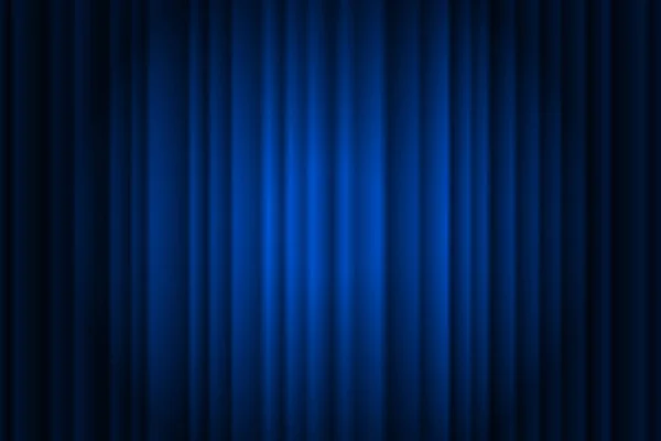 Escenario de cortina azul de lujo sedoso cerrado proyector de luz de fondo iluminado. Cortinas teatrales. Gradiente vectorial ilustración — Vector de stock