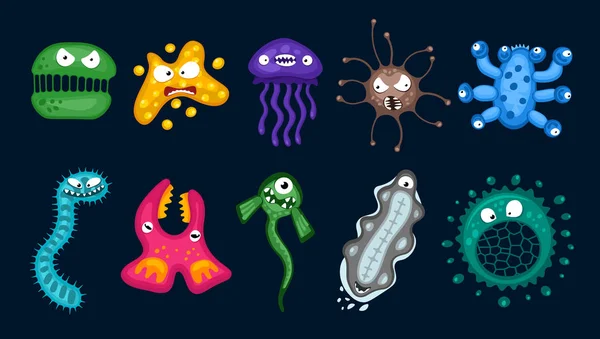 Varios microorganismos virus vector de dibujos animados bacterias germen emoticono carácter conjunto. Enfermedad bacteriana infección microbiología ilustración. Organismo microbio emociones aisladas sobre fondo azul oscuro — Vector de stock