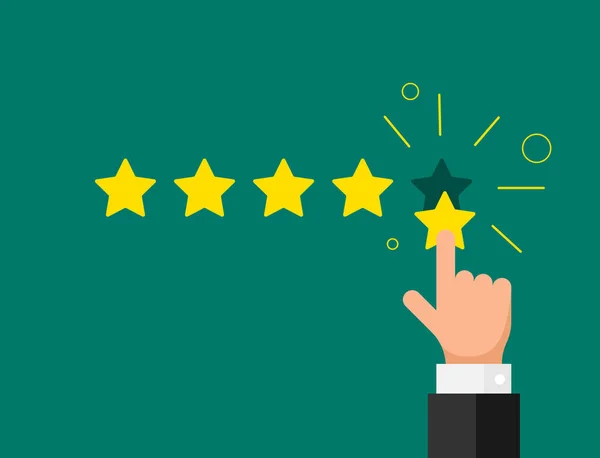 Online feedback reputatie kwaliteit Customer Review concept platte stijl. Zakenman hand vinger wijzend vijf Goldstar rating op groene achtergrond. Vector illustratie — Stockvector