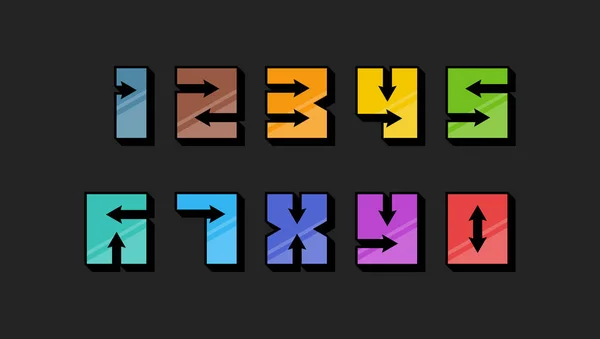 Numbers kolorowy zestaw w stylu retro 3D Vintage ze strzałkami modnej typografii melasowanych składających się 1 2 3 4 5 6 7 8 9 0 do projektowania plakatu lub karty okolicznościowe. Wektor Nowoczesna czcionka — Wektor stockowy