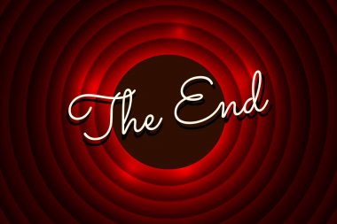 Kırmızı yuvarlak arka plan üzerinde Son el yazısı başlığı. Eski film daire bitiş ekranı. Vektör çizimi