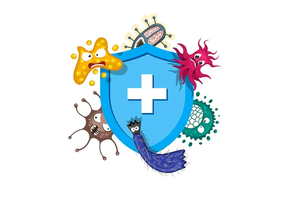 Conceito do sistema imunitário. Escudo azul médico higiênico protegendo de germes e bactérias do vírus. Ilustração vetorial plana sobre fundo branco —  Vetores de Stock