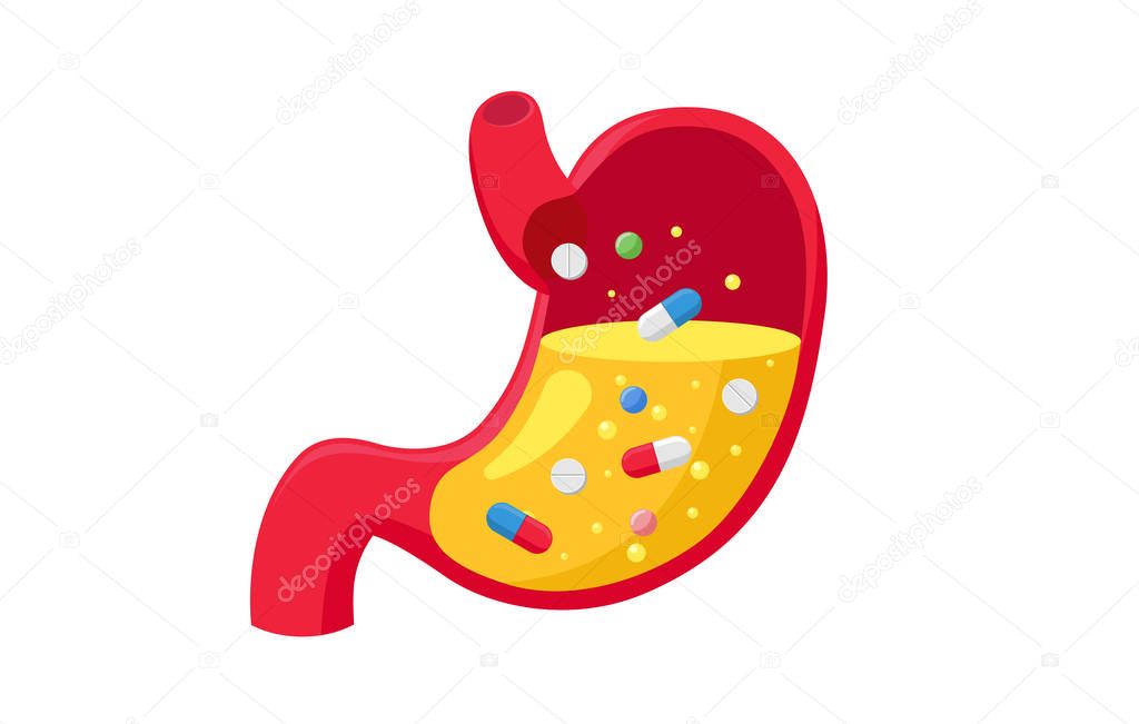 Pills tablets in human stomach with gastric acid juice. Taking medicine orally. Medical treatment dependence on medicines concept. Vector flat illustration