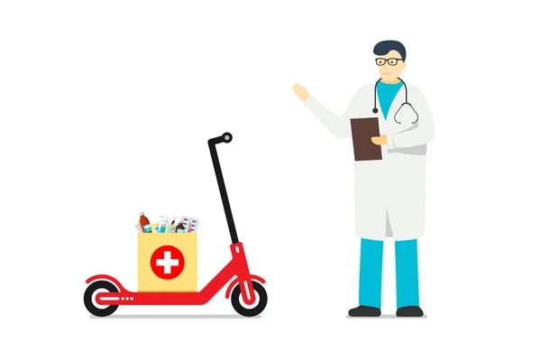 Medische levering apotheek. Witte man arts in glazen en uniforme jurk met stethoscoop staan naast elektrische scooter met medicatie supplies pillen tabletten doos. Platte vector illustratie — Stockvector