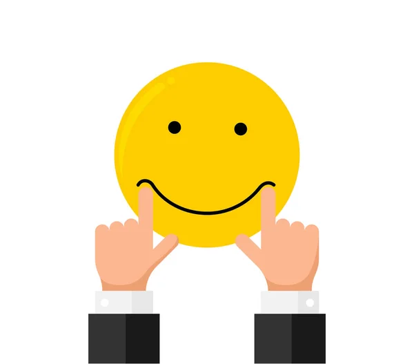 Empresario mano estiramiento del dedo tirar de los labios de la boca en emoji sonrisa sonriente emoción como calificación. Opinión en línea reputación calidad concepto de revisión del cliente estilo plano. Ilustración vectorial — Vector de stock