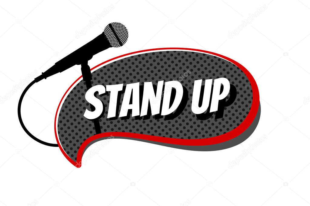 Stand up comedy night live show symbol mic. Microphone silhouette with inscription on black comic bubble. Vector eps illustration