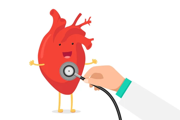 Leuke cartoon glimlachend gezond hart karakter gelukkig Emoji emotie en hand vasthouden stethoscoop check rate. Grappige bloedsomloop orgel cardiologie. Vector illustratie — Stockvector