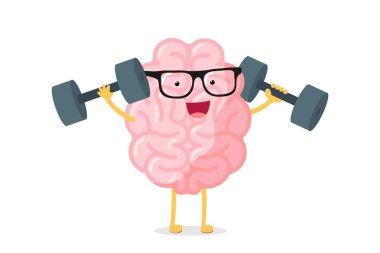 Gözlük güç eğitim konsepti ile Karikatür akıllı güçlü insan beyni karakteri. Dambıllarla rock erudition akıl. Merkezi sinir sistemi organ eğitimi komik düz vektör illüstrasyon