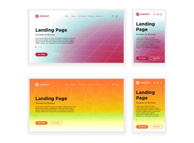 Açılış sayfası şablonu masaüstü Pc ve mobil uyarlanabilir sürüm seti. Minimal geometrik solma etkisi arka plan. Dinamik birim çizgiler kompozisyonu. Kurumsal kurumsal web sitesi veya uygulaması için vektör tasarımı