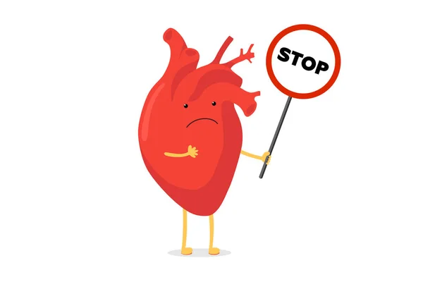 Tecknad mänsklig anatomisk hjärt karaktär ohälsosam Sick emoji ledsen känslor. Vektor cirkulations organ med stoppskylt hjärtinfarkt koncept illustration — Stock vektor
