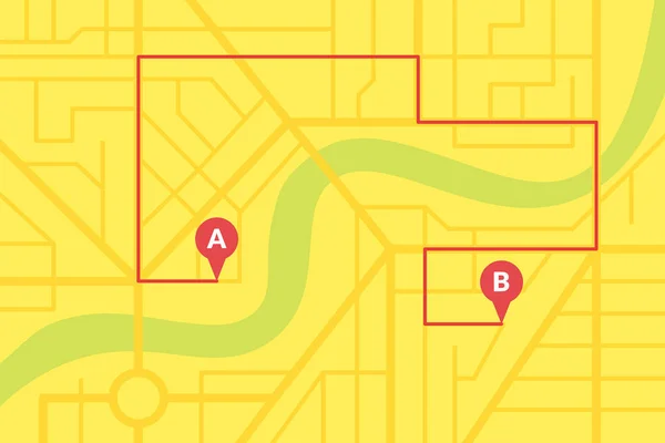Gps pimleri ve A'dan B işaretçisine giden navigasyon rotası ile şehir sokak haritası planı. Vektör sarı renk illüstrasyon şeması — Stok Vektör