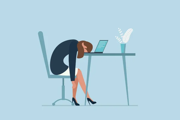 Syndrome d'épuisement professionnel. Épuisé malade fatigué femme gestionnaire dans le bureau triste ennuyeux assis avec la tête vers le bas sur ordinateur portable. Illustration vectorielle longue journée de travail — Image vectorielle