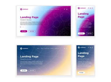 Açılış sayfası şablonu masaüstü Pc ve mobil uyarlanabilir sürüm seti. Minimal geometrik solma etkisi arka plan. Dinamik birim çizgiler kompozisyonu. Kurumsal iş web sitesi veya uygulaması için vektör tasarımı