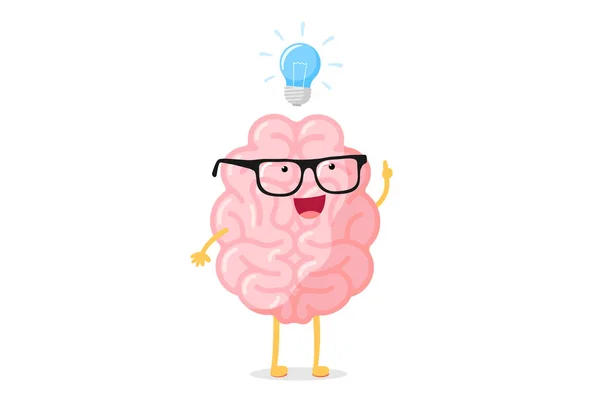 Tecknad Smart mänsklig hjärna karaktär med glasögon och glödlampa lampa idé koncept. Centralanervsystemet orgel inspiration rolig platt vektor illustration — Stock vektor