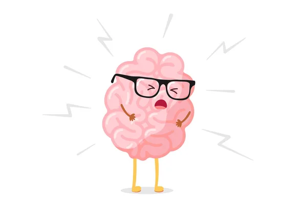 Stres sevimli karikatür kızgın insan beyni. Merkezi sinir sistemi organı hasta. Düz vektör ağrı karakteri baş ağrısı illüstrasyon