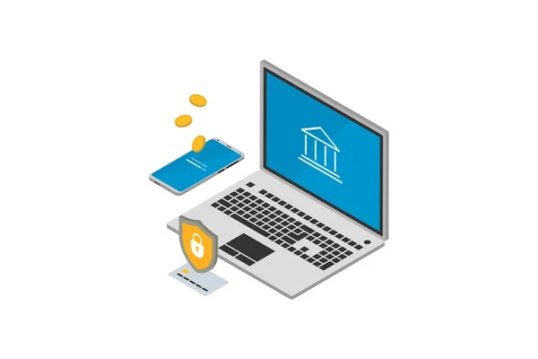 Isometrische Online Banking Money Transaction concept. 3D laptop en smartphone bankkaart Shield en munten. Bank bescherming technologie vector illustratie — Stockvector