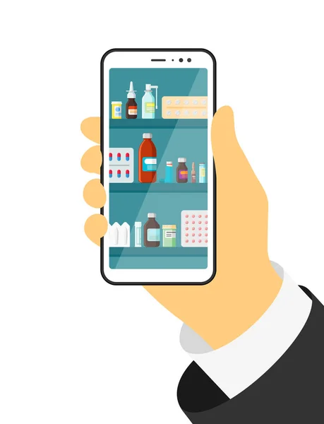 Médico móvel online. Mão com smartphone com aplicativo de medicina de farmácia. Comprimidos cápsulas garrafas vitaminas e comprimidos nas prateleiras da loja interior na tela do dispositivo. Ilustração vetorial plana — Vetor de Stock