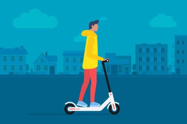 Genç erkek karakter modern kentsel ulaşım elektrikli kick scooter sürme. Aktif hipster yetişkin bin yıllık yaşam tarzı ekoloji teknolojileri. Şehir manzarası arka planında düz vektör çizimi