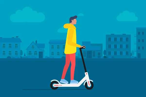 Joven personaje masculino cabalgando moderno transporte urbano scooter patada eléctrica. Active hipster adulto milenial estilo de vida ecología tecnologías. Ilustración vectorial plana sobre fondo de paisaje urbano — Archivo Imágenes Vectoriales
