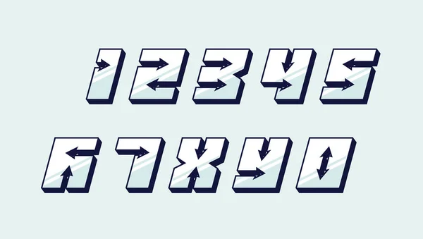 Numbers kolorowy zestaw w 3D kursywa stylu retro ze strzałkami w szybkiej modnej typografii melasowanych składających się 1 2 3 4 5 6 7 8 9 0 do projektowania plakatu lub karty okolicznościowe. Wektor Nowoczesna czcionka — Wektor stockowy