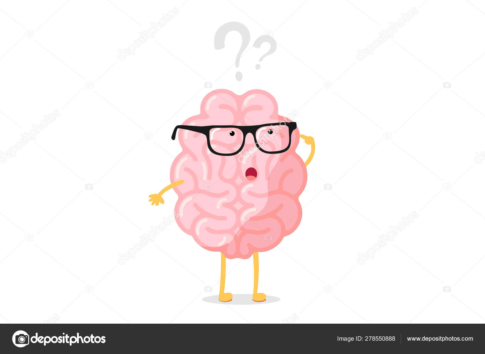 Funny human brain thought character with glasses thinks over question mark.  Seeking answer cartoon brain concept. Strong cartoon central nervous system  organ seeking answer vector illustration Stock Vector Image by ©azatvaleev  #278550888