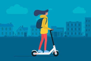 Sırt çantası ile genç kadın karakter modern kentsel ulaşım elektrikli tekme scooter binmek. Aktif hipster yetişkin bin yaşam tarzı ekoloji teknolojileri kullanır. Şehir manzarası nda vektör illüstrasyonu
