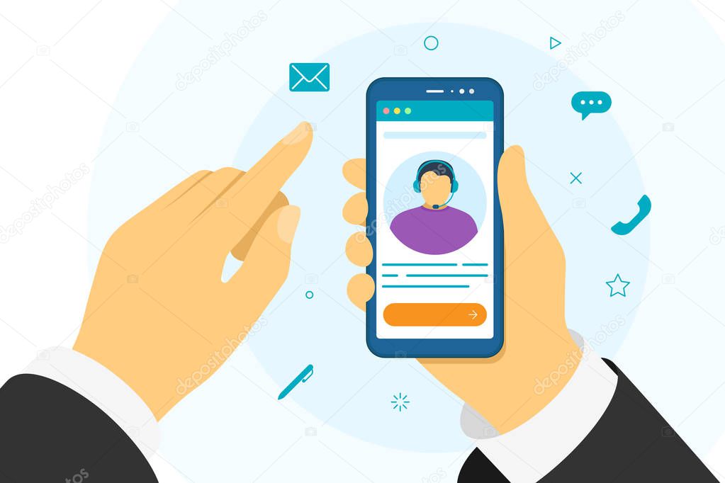 Customer and operator online technical support 24-7. White male hotline consultant advises client. Online assistant virtual help service on smartphone. Vector web illustration