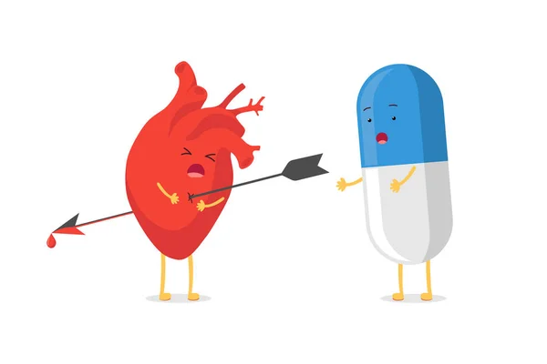 Söt tecknad hjärta karaktär genomborrade vara skjuten av pil emoji sorgliga känslor och förvånad medicin tablett piller. Vektor cirkulations organ obesvarad kärlek ångest behandlings terapi illustration — Stock vektor