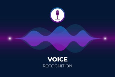 Kişisel asistan ve ses tanıma konsepti. Parlak degrade ses dalgaları ile Mikrofon düğmesi. Soundwave akıllı teknolojiler düz vektör illüstrasyon