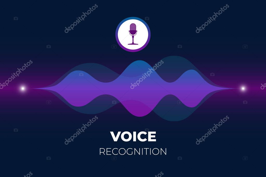 Personal assistant and voice recognition concept. Microphone button with bright gradient sound waves. Soundwave intelligent smart technologies flat vector illustration
