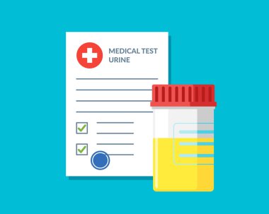 Plastik kavanoz idrar testi ve sonuçları verileri ve onaylı onay işareti vektör illüstrasyon ile tıbbi form listesi. Onay kutusu ile düz klinik kontrol listesi belgesi. Sigorta veya ilaç hizmeti konsepti