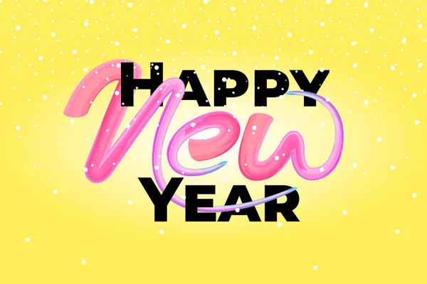 Happy New Year lettering on yellow background with colorful hand drawn brushstroke oil or acrylic paint design element and snow. Vector illustration — Stock Vector