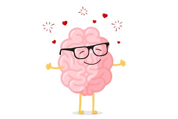 Мультфільм розумний щасливий персонаж мозку в окулярах закохується. Центральна нервова система орган романтичний талісман смішні Векторні ілюстрації — стоковий вектор