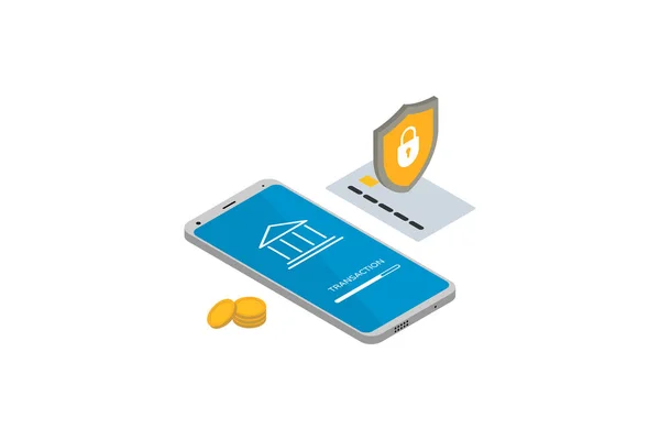 Online mobiele Bank. Isometrische 3D smartphone met bankkaart en lock Shield. Money Transfer Protection concept. Het verzenden en ontvangen van munten met mobiele telefoons en creditcards. Vector illustratie — Stockvector