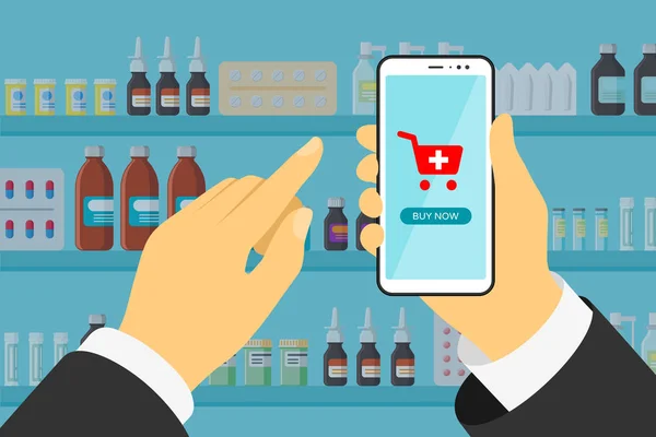 Χέρι κρατώντας smartphone σε απευθείας σύνδεση κινητή φαρμακευτική εφαρμογή για ψώνια με το κουμπί Αγοράστε τώρα. Χάπια φάρμακο κάψουλες φιάλες βιταμίνες και δισκία σε ράφια Εσωτερικών καταστημάτων. Εικονογράφηση επίπεδου φαρμακείων — Διανυσματικό Αρχείο