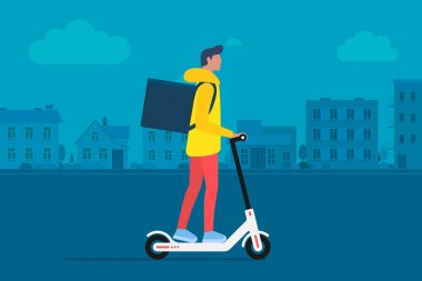 Teslimat genç erkek kurye paket ürün kutusu ile elektrikli scooter sürme. Şehir caddesinde hızlı nakliye hizmeti konsepti. Şehir manzarası nda vektör illüstrasyonu