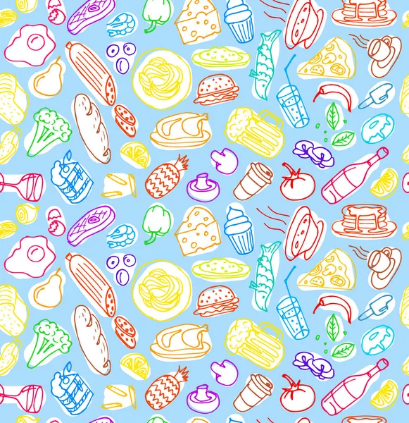 Diversos alimentos dibujados a mano cocina doodle bosquejo de color patrón sin costura sobre fondo azul claro. Ilustración de cocina vectorial — Vector de stock