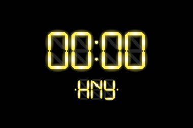 Lcd elektronik ekran saat numaraları 0000 ve Siyah arka plan üzerinde Hny sarı altın kızdırma gradyan harfler ile Happy New Year kartı. Mutlu Noelvektör illüstrasyon
