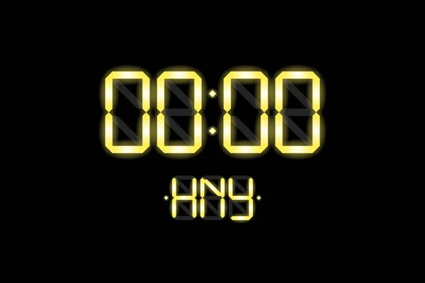 Tarjeta Feliz Año Nuevo con lcd números de reloj de visualización electrónica 0000 y HNY oro amarillo brillo gradiente letras sobre fondo negro. Feliz Navidad vector ilustración — Archivo Imágenes Vectoriales