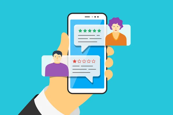 Hand hålla smart telefon med feedback app pratbubblor och manliga kvinnliga avatarer på skärmen. Granska fem stjärnor betyg med bra och dålig takt. Illustration av vektor kvalitet — Stock vektor