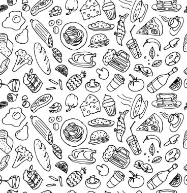 Beyaz arka plan üzerinde çeşitli el çizilmiş gıda pişirme doodle taslak kroki dikişsiz desen. Vektör pişirme illüstrasyon