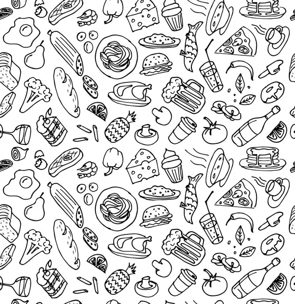 Beyaz arka plan üzerinde çeşitli el çizilmiş gıda pişirme doodle taslak kroki dikişsiz desen. Vektör pişirme illüstrasyon