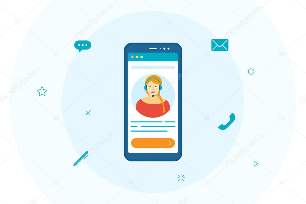 Customer support operator woman avatar on smartphone screen. Online technical mobile consultant service 24-7 concept. Virtual assistant help modern flat illustration