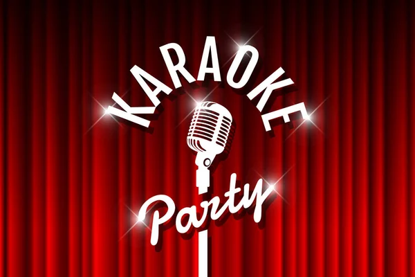 Karaoke party night live show open mic on empty theatre stage. Vintage microphone against red curtain drape backdrop. Retro vector art image illustration — Stock Vector