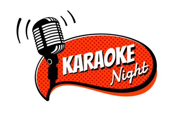 Karaoke night party script on comic strip speech bubble emblem. Stage retro vintage microphone vector illustration template — Stock Vector