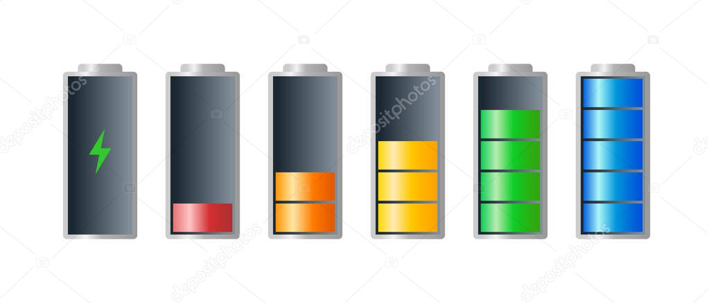 High to low power batteri charged energy indicator level set with recharging icon. Empty to full battery indicating red orange yellow blue green cylinders. Vector batteries recharge illustration