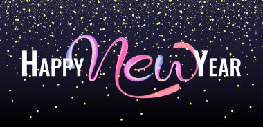 Kar ile yatay siyah arka plan poster mutlu yeni yıl kaligrafi. Renkli el çizilmiş brushstroke yağ veya akrilik boya Xmas tasarım tebrik kartı şablonu. Vektör Illustration