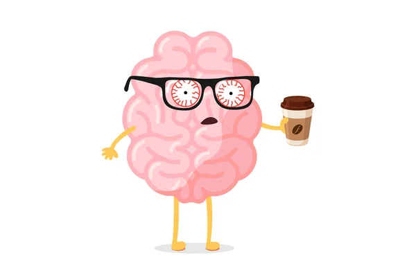 Zmęczony zmęczenie złe emocje cute Cartoon ludzki charakter mózgu z gorącą filiżankę kawy. Centralny układ nerwowy narządu obudzić zły poniedziałek rano zabawne pojęcie. Ilustracja wektorowa — Wektor stockowy