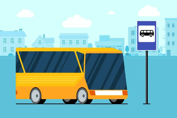 Otobüs durağı İstasyonu yakınındaki Cityscape yolda sarı modern şehir taşıma otobüsü işareti. Yolcu trafiği hizmeti için vektör düz Illustration